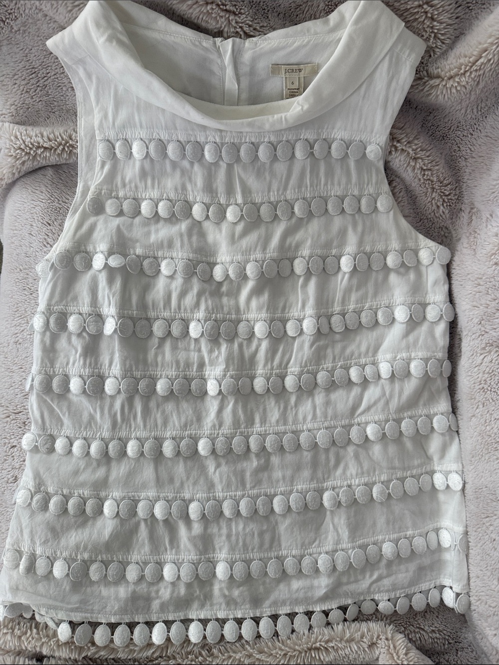 J Crew Sleeveless Top, snow white, with fun dot fringe detail